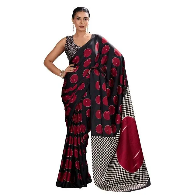 Generic Women's Satin Crepe Printed Saree With Unstitched Blouse 5.5Mtr (Maroon)