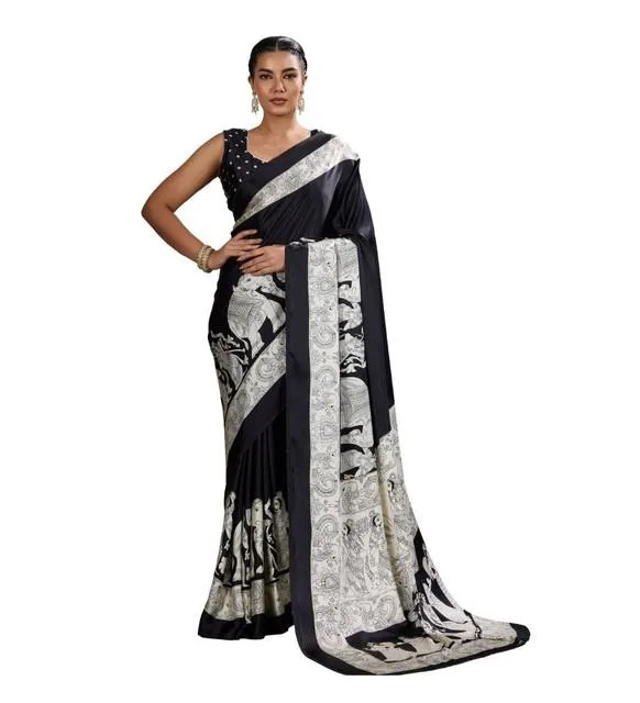 Generic Women's Satin Crepe Printed Saree With Unstitched Blouse 5.5Mtr (Black)