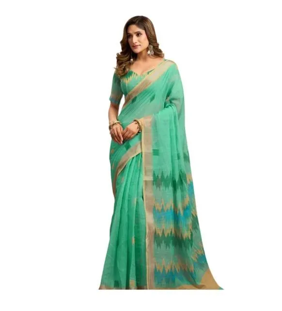 Generic Women's Linen Cotton Printed Ready To Wear With Pocket Saree With Unstitched Blouse 5.5 Mtr (Light_Green)