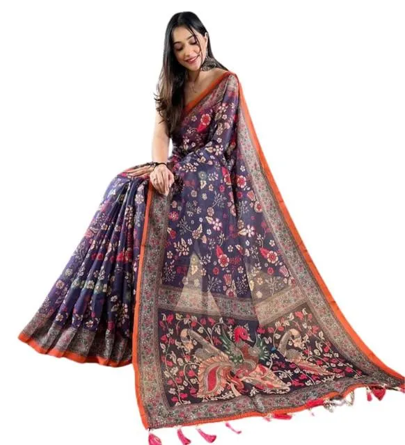 Generic Women's Linen Printed Saree With Unstitched Blouse 5.5Mtr (Blue)