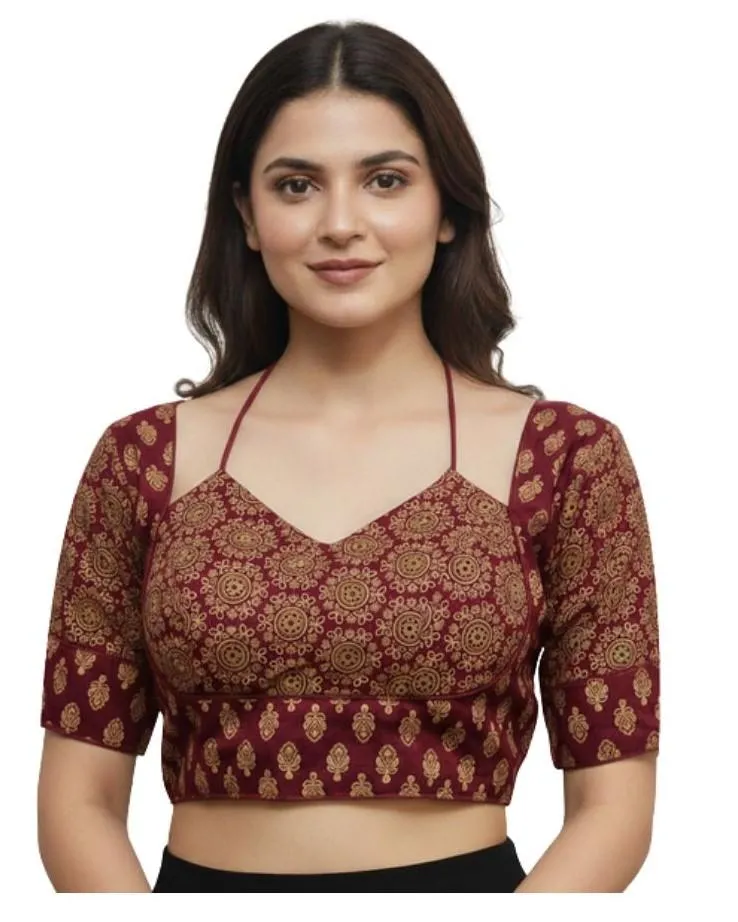 Generic Women's Ajrakh Cotton Printed Sweetheart Padded Blouse (Maroon 38 Ready (Self Alterable 36–40)