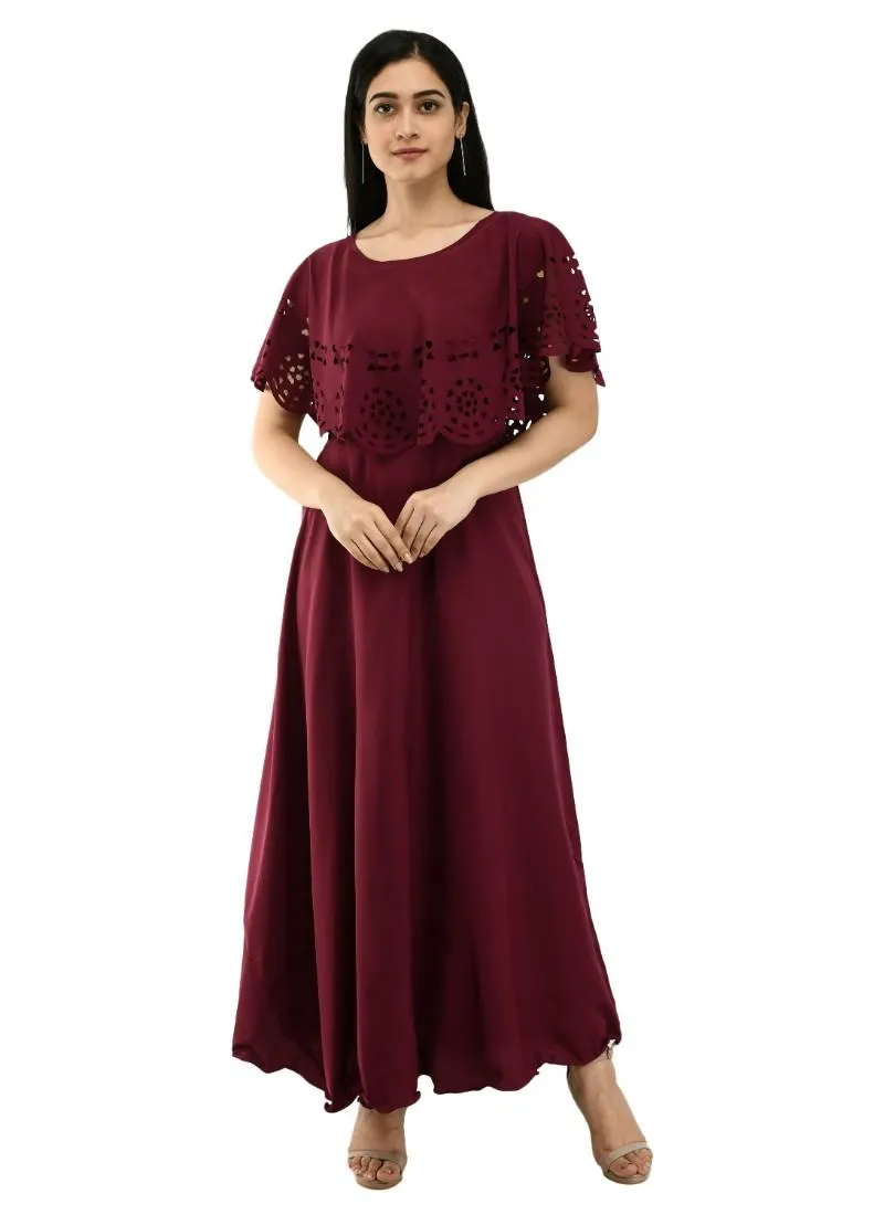 Generic Women's Crepe Solid Sleeveless Full Length Gown(Wine)