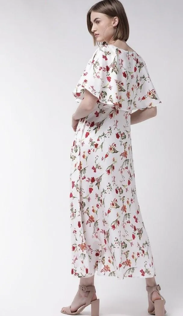 Generic Women's Crepe Floral Half Sleeves Full Length Gown(White)