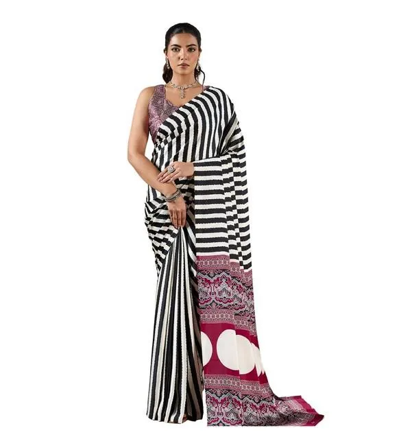 Generic Women's Satin Crepe Printed Saree With Unstitched Blouse 5.5Mtr (Black)
