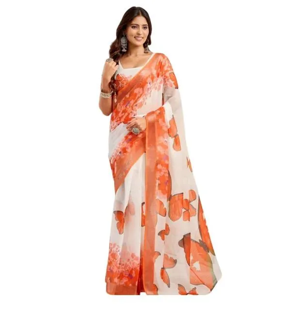 Generic Women's Linen Cotton Printed Ready To Wear Saree With Unstitched Blouse 5.5 Mtr (Orange)