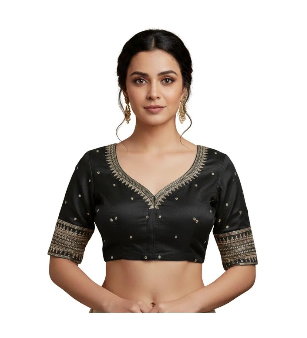 Generic Women's Vichitra Silk V Neck Padded Blouse (Black, 38 Ready Size (Self-Alterable 36–40)