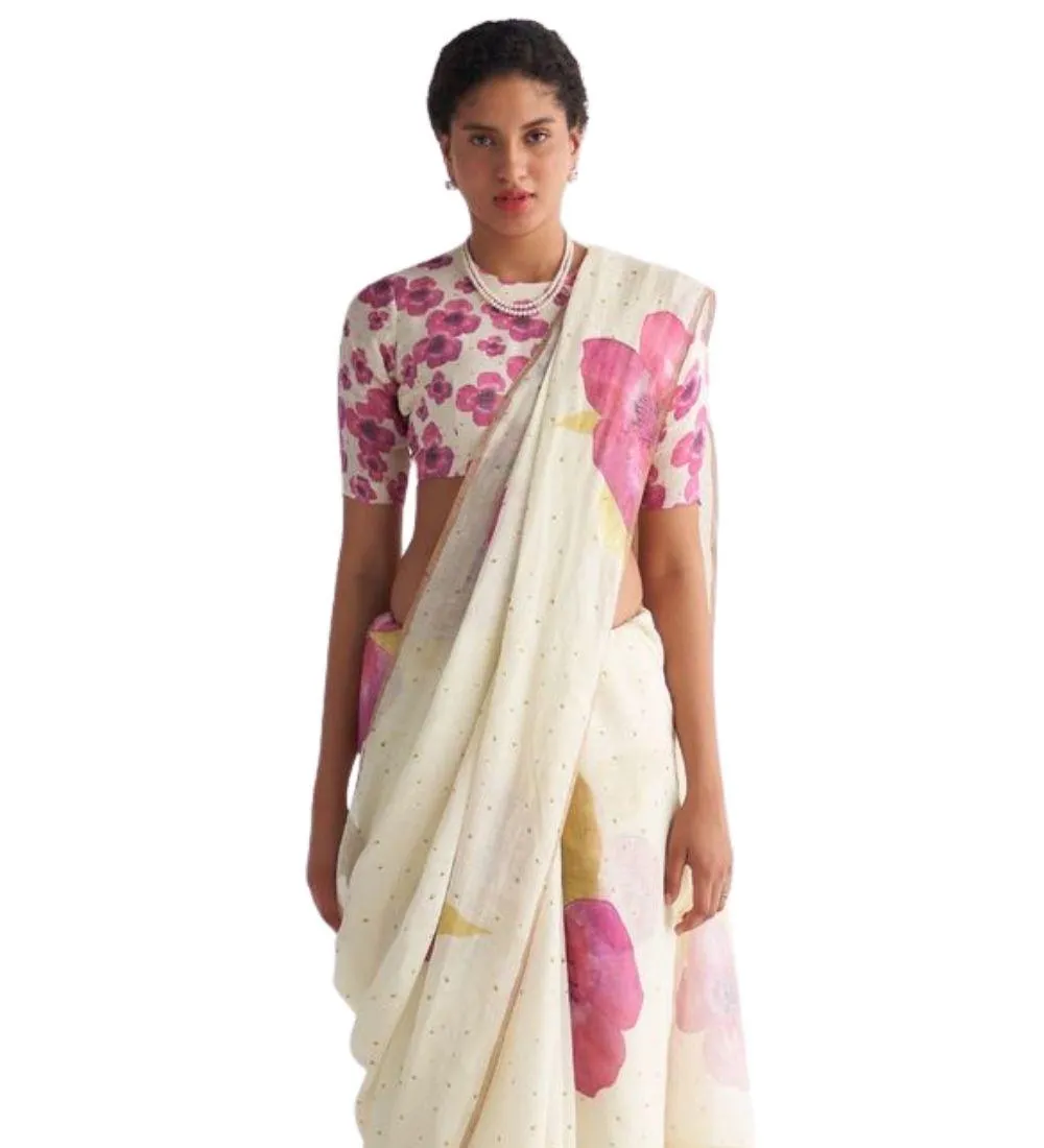 Generic Women's Linen Printed Saree With Unstitched Blouse 5.5Mtr (White)
