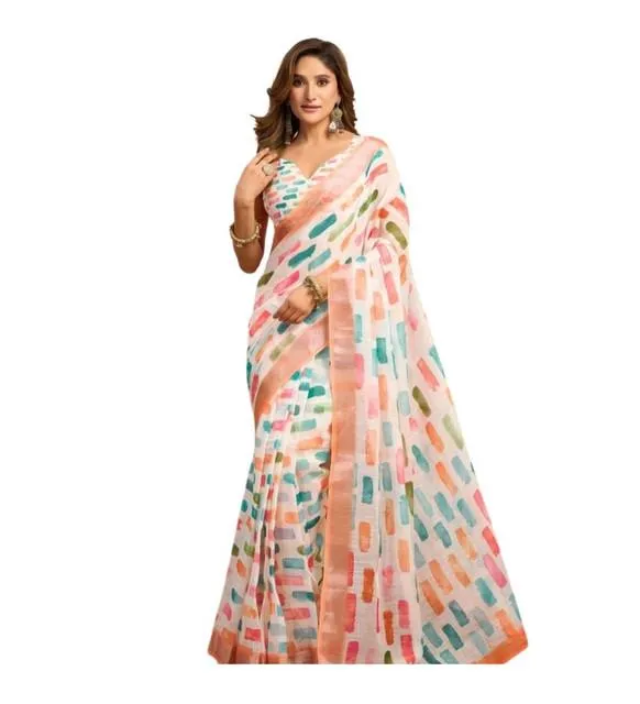 Generic Women's Linen Cotton Printed Ready To Wear With Pocket Saree With Unstitched Blouse 5.5 Mtr (Multicolor)