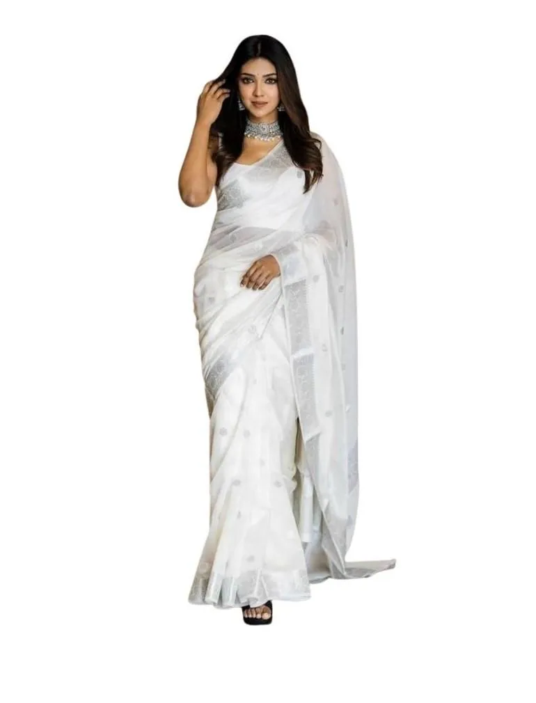 Generic Women's Soft Lichi Silk Printed Saree With Unstitched Blouse 5.5Mtr (White)