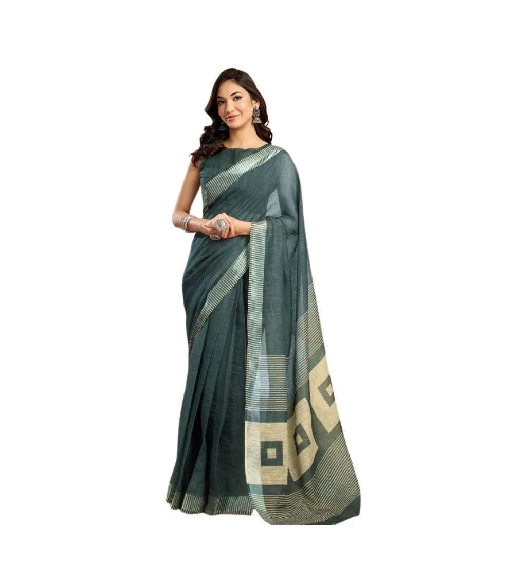 Generic Women's Linen Cotton Printed Ready To Wear Saree With Unstitched Blouse 5.5 Mtr (Light_Teal)