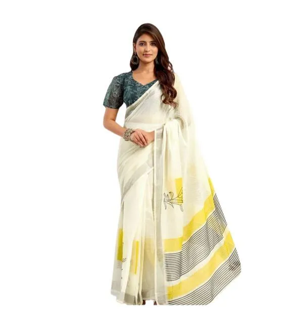Generic Women's Linen Cotton Printed Ready To Wear Saree With Unstitched Blouse 5.5 Mtr (Off_White)