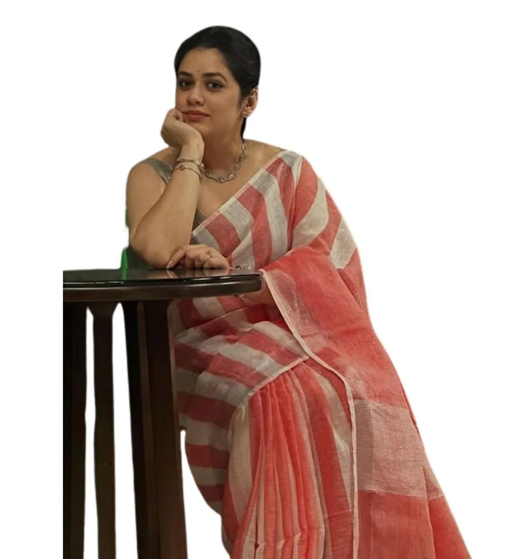 Generic Women's Linen Printed Saree With Unstitched Blouse 5.5Mtr (Multicolor)