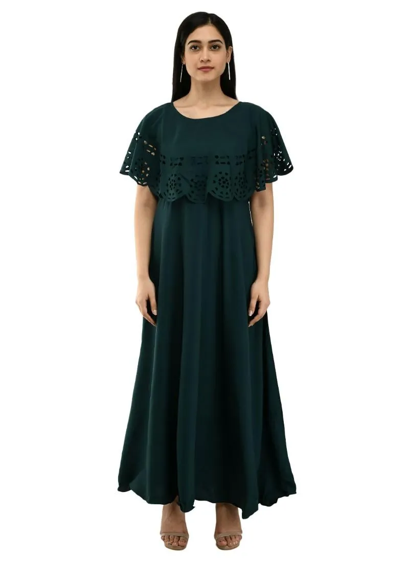 Generic Women's Crepe Solid Sleeveless Full Length Gown(Dark Green)