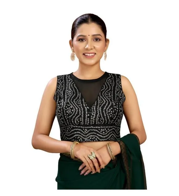 Generic Women's Rayon Cotton Bandhani Printed Halter Neck Non Padded Blouse (Black 38 Ready (Alterable up to 42)
