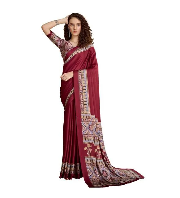 Generic Women's Satin Crepe Printed Saree With Unstitched Blouse 5.5Mtr (Maroon)