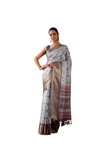 Generic Women's Faux_Art_Silk Printed Saree With Unstitched Blouse 5.5Mtr (Silver)