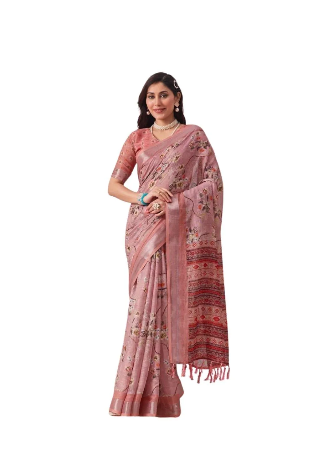 Generic Women's Faux_Linen Printed Saree With Unstitched Blouse 5.5Mtr (Mauve)