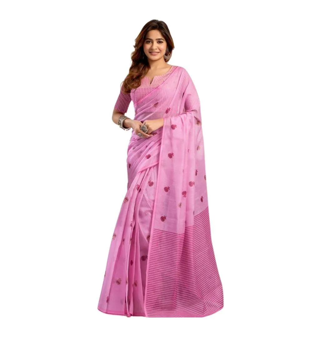 Generic Women's Linen Cotton Printed Ready To Wear Saree With Unstitched Blouse 5.5 Mtr (Light_Pink)
