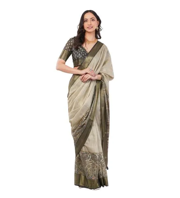 Generic Women's Polyester Printed Ready To Wear Saree With Unstitched Blouse 5.5 Mtr (Beige)