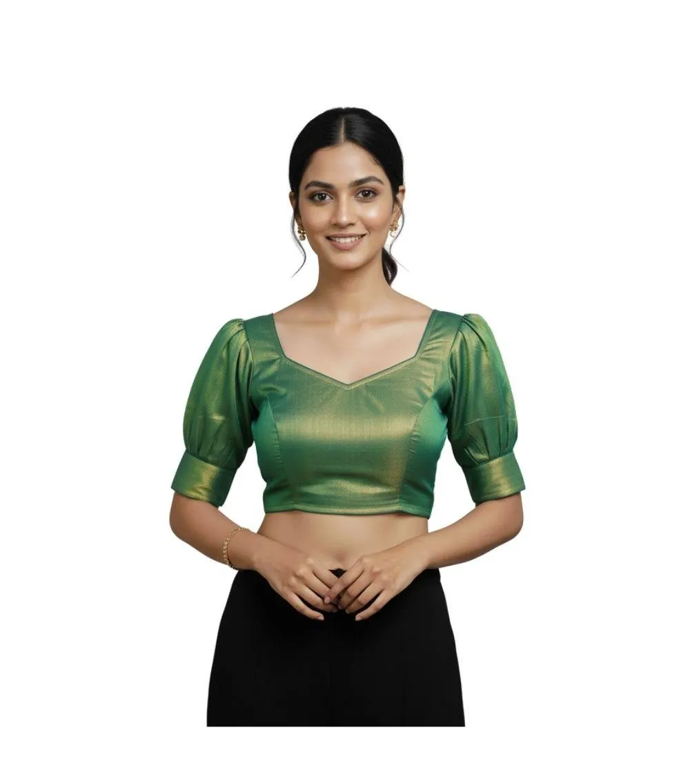 Generic Women's Erode Silk V Neck Padded Blouse (Green, 38 Ready Size (Self-Alterable 36–40)