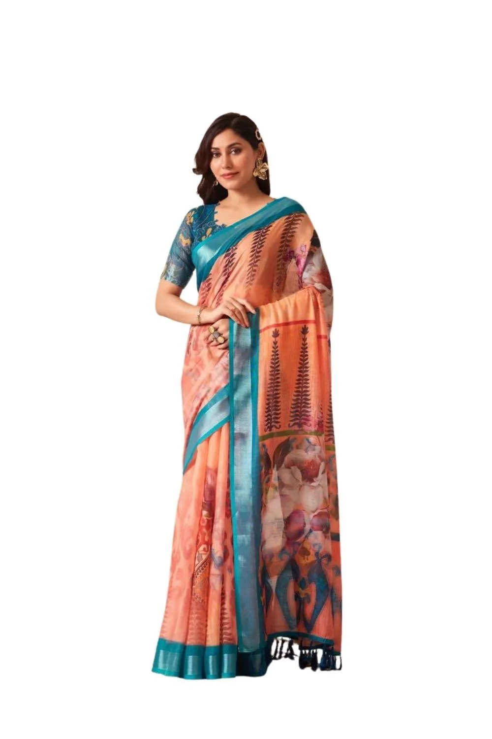 Generic Women's Faux_Linen Printed Saree With Unstitched Blouse 5.5Mtr (Peach)
