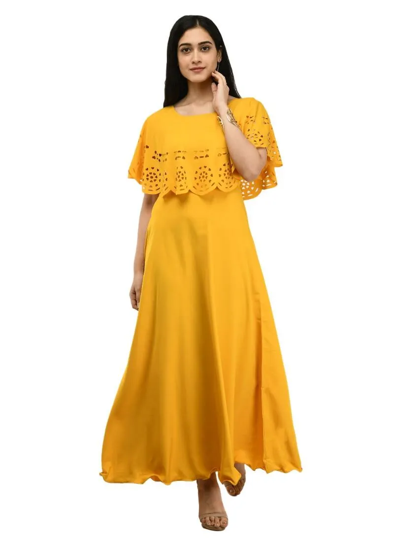 Generic Women's Crepe Solid Sleeveless Full Length Gown(Yellow)