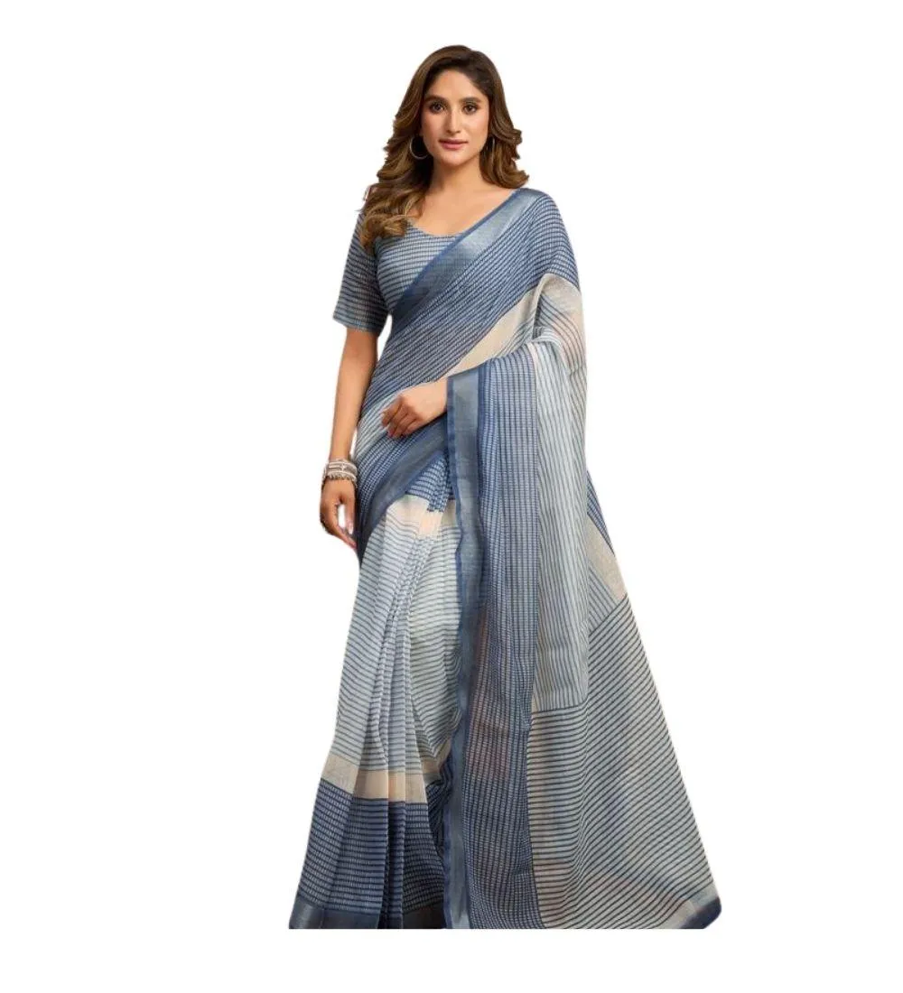 Generic Women's Linen Cotton Printed Ready To Wear With Pocket Saree With Unstitched Blouse 5.5 Mtr (Light_Blue)