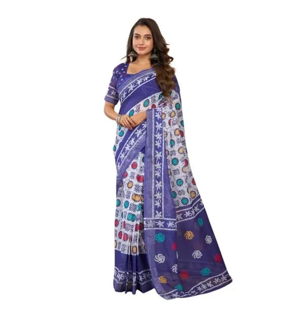 Generic Women's Linen Cotton Printed Ready To Wear Saree With Unstitched Blouse 5.5 Mtr (Blue)