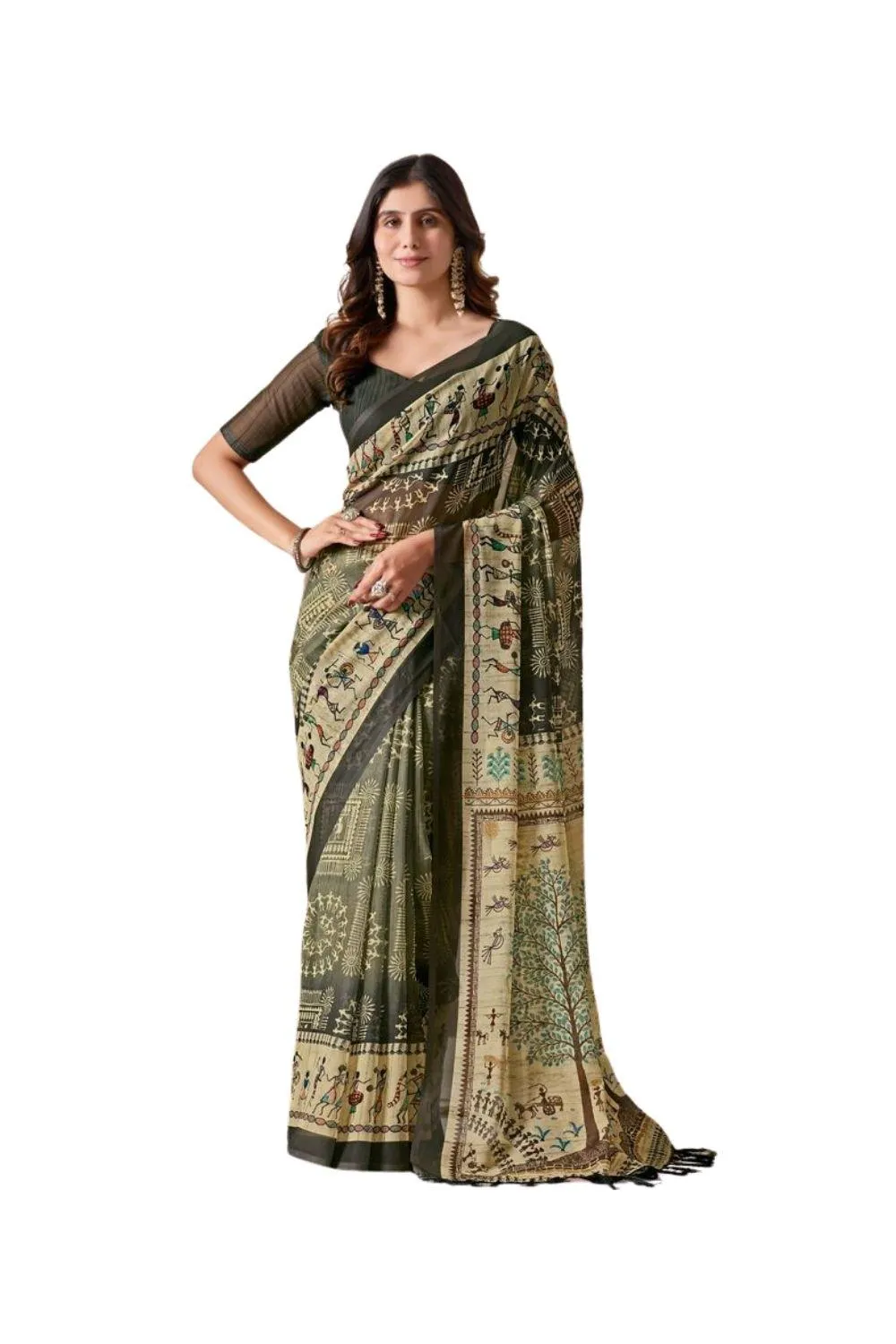 Generic Women's Georgette Printed Saree With Unstitched Blouse 5.5Mtr (Olive)
