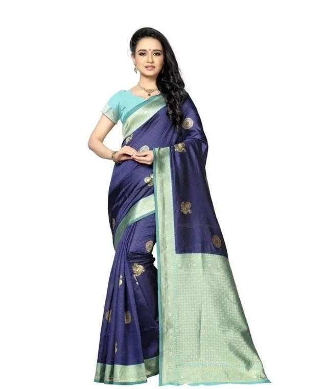 Generic Women's Soft Lichi Silk Printed Saree With Unstitched Blouse 5.5Mtr (Navy Blue)
