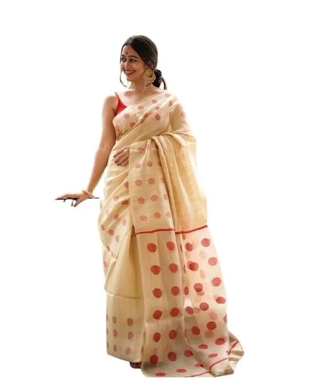 Generic Women's Soft Lilan Printed Saree With Unstitched Blouse 5.5Mtr (Cream)