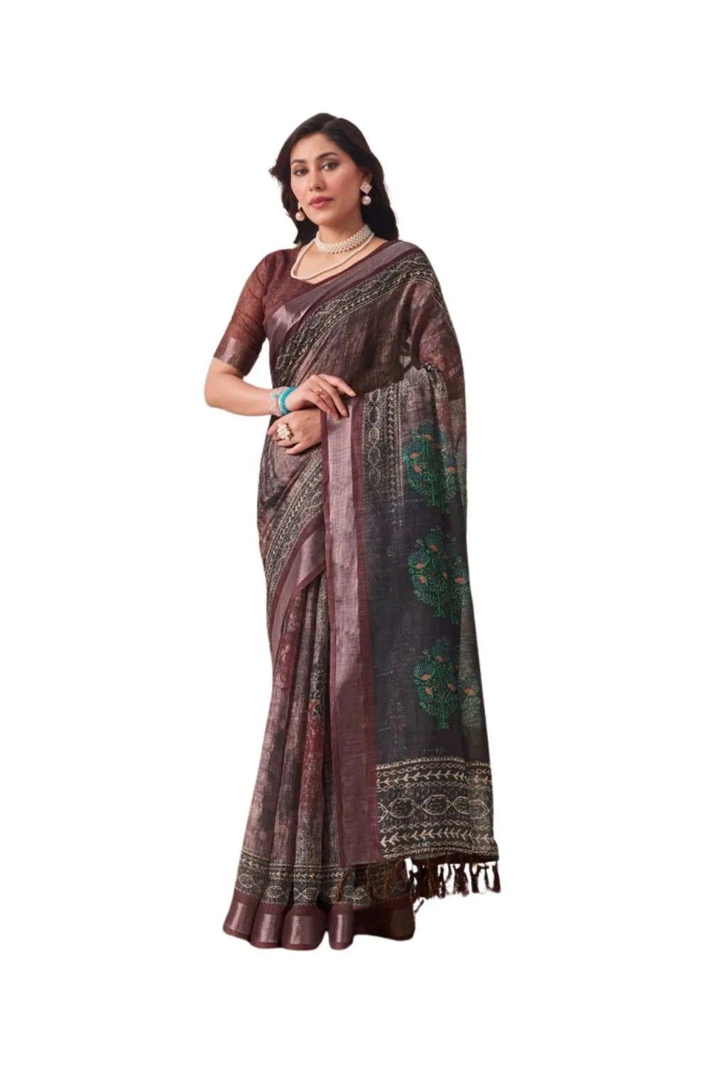 Generic Women's Faux_Linen Printed Saree With Unstitched Blouse 5.5Mtr (Brown)