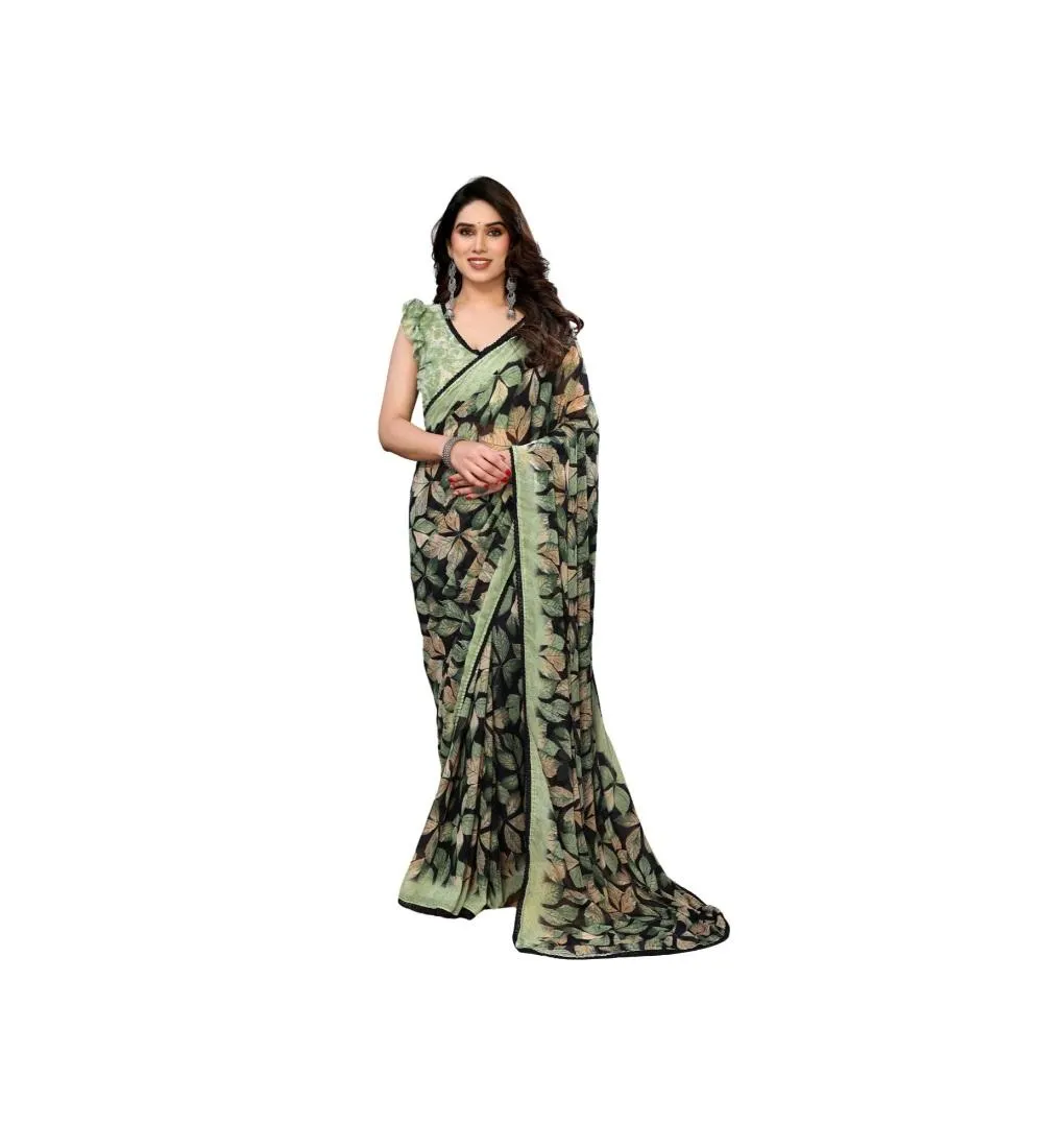 Generic Women's Chiffon Printed Saree With Unstitched Blouse 5.5Mtr (Green)