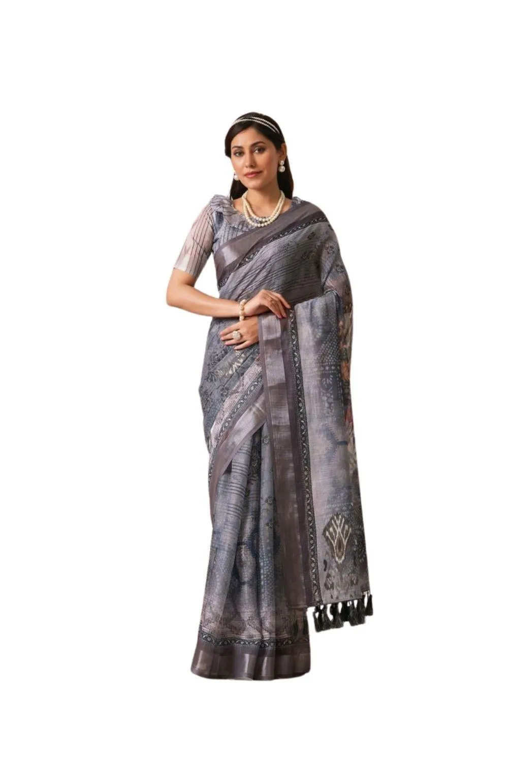 Generic Women's Faux_Linen Printed Saree With Unstitched Blouse 5.5Mtr (Light_Grey)