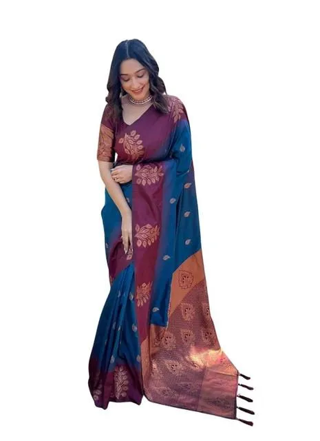 Generic Women's Soft Lichi Silk Printed Saree With Unstitched Blouse 5.5Mtr (Blue)