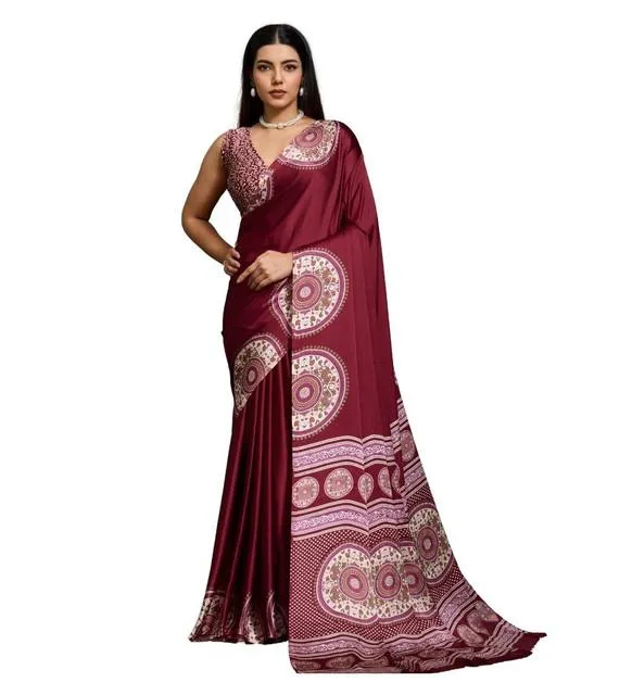 Generic Women's Satin Crepe Printed Saree With Unstitched Blouse 5.5Mtr (Maroon)