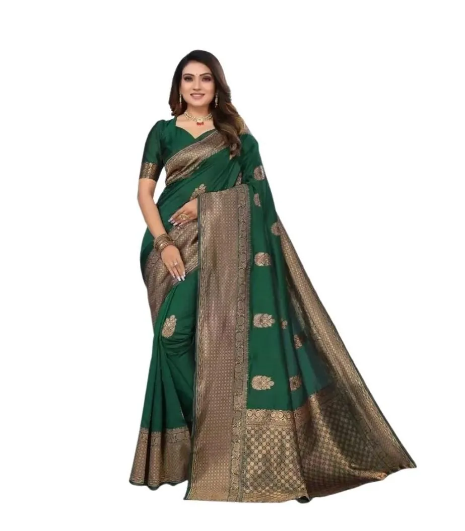 Generic Women's Soft Lichi Silk Printed Saree With Unstitched Blouse 5.5Mtr (Green)