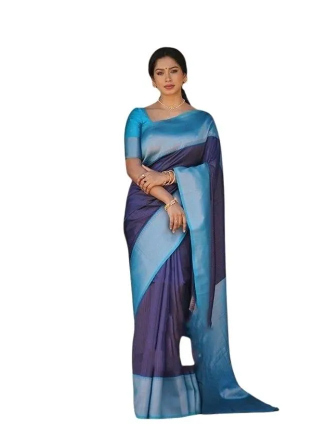 Generic Women's Soft Lichi Silk Printed Saree With Unstitched Blouse 5.5Mtr (Blue)