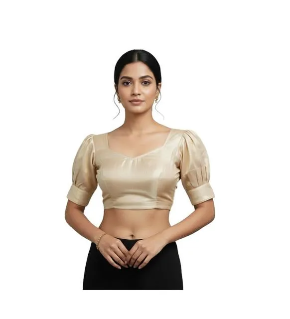 Generic Women's Erode Silk V Neck Padded Blouse (Beige, 38 Ready Size (Self-Alterable 36–40)