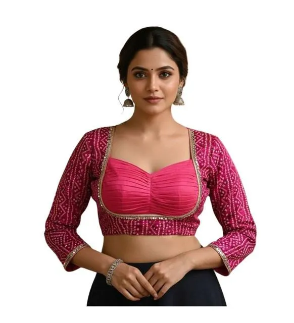 Generic Women's Rayon Sabyasachi Style Round Neck Padded Blouse (Pink, 38 Ready Size (Self-Alterable 36–40)
