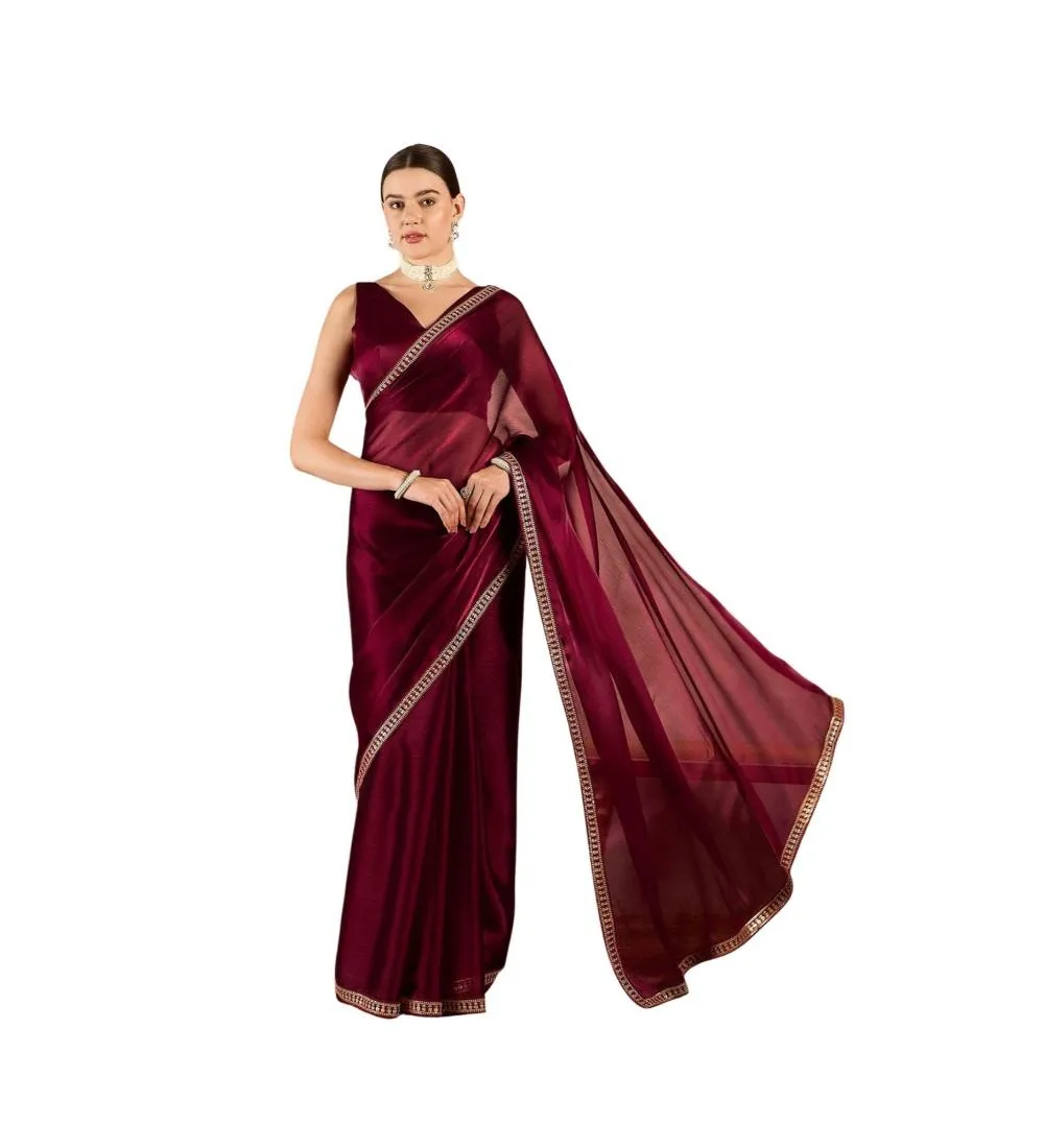 Generic Women's Jimmy Choo solid Saree With Unstitched Blouse 5.5Mtr (Wine )