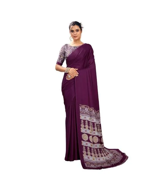 Generic Women's Satin Crepe Printed Saree With Unstitched Blouse 5.5Mtr (Purple)