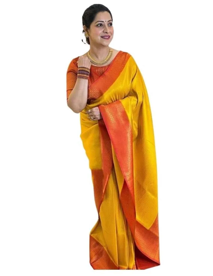 Generic Women's Soft Lichi Silk Printed Saree With Unstitched Blouse 5.5Mtr (Mustard )