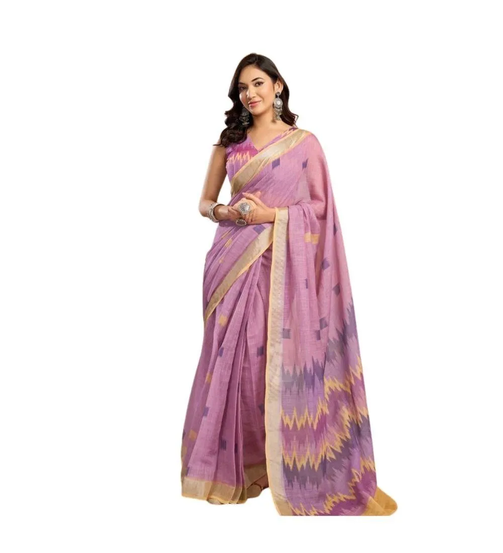 Generic Women's Linen Cotton Printed Ready To Wear Saree With Unstitched Blouse 5.5 Mtr (Lavender)