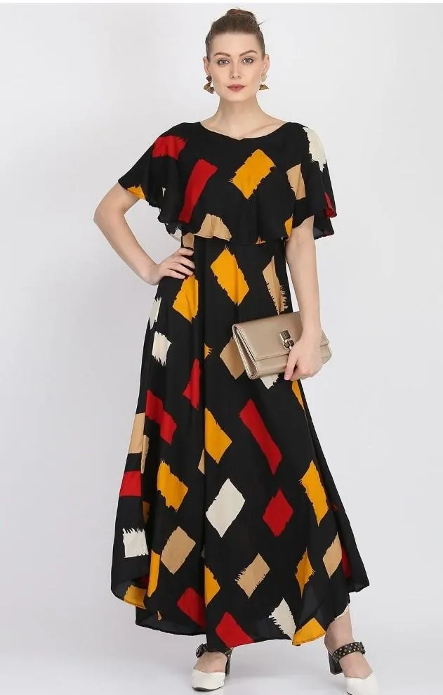 Generic Women's Crepe Printed Half Sleeves Full Length Gown(Multi)