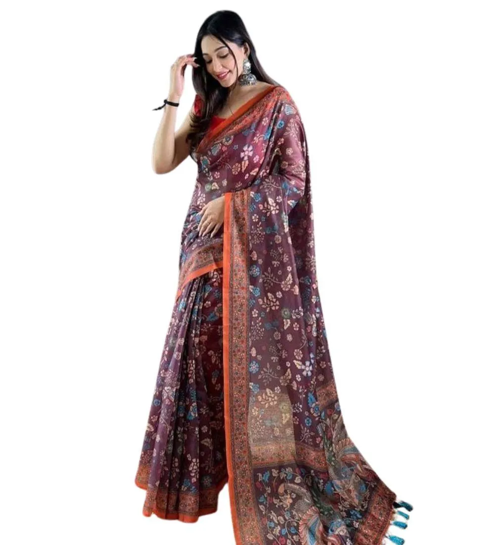 Generic Women's Linen Printed Saree With Unstitched Blouse 5.5Mtr (Brown)