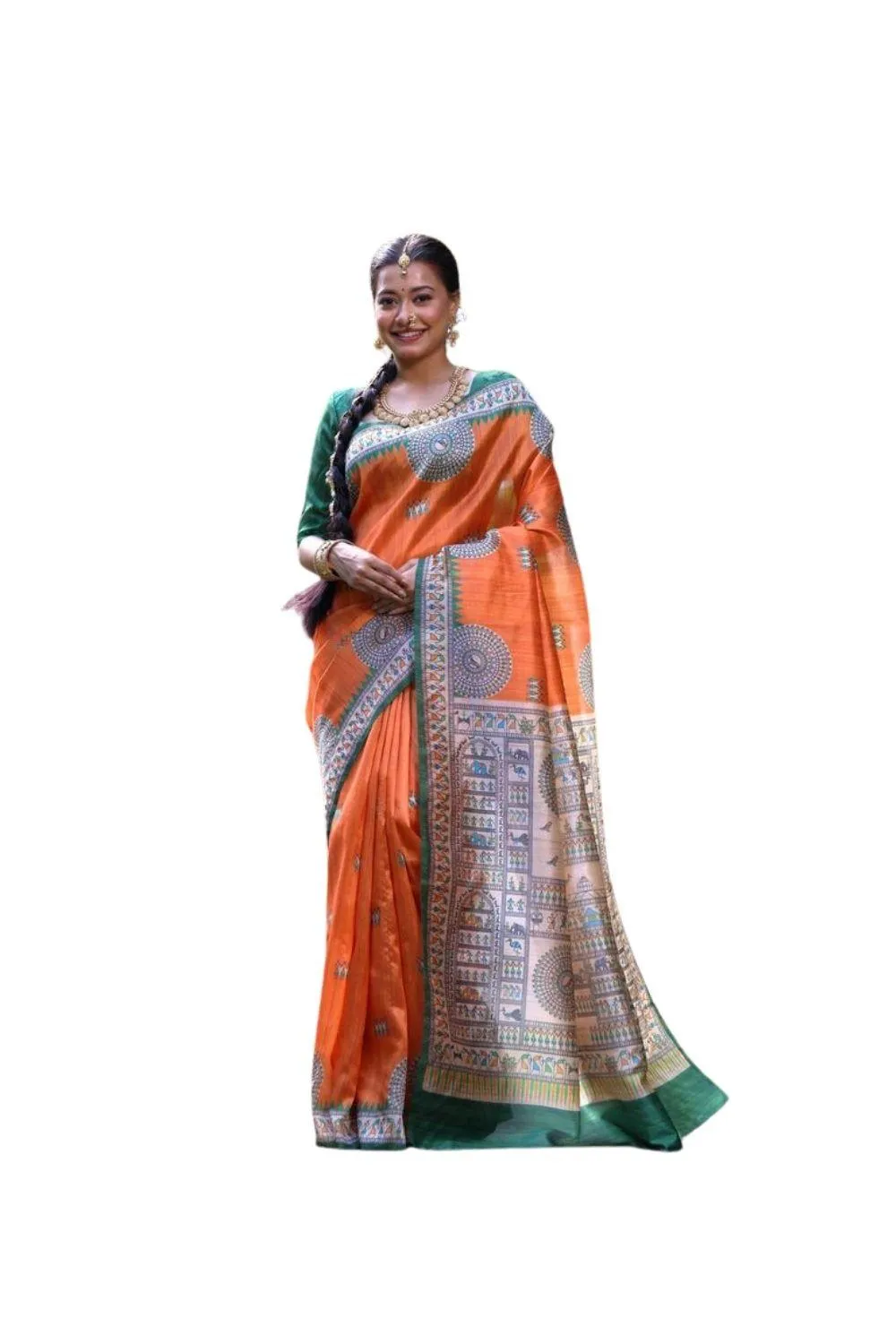 Generic Women's Faux_Tussar_Silk Printed Saree With Unstitched Blouse 5.5Mtr (Orange)