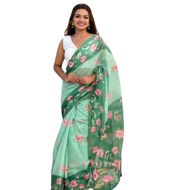 Generic Women's Linen Printed Saree With Unstitched Blouse 5.5Mtr (Green)