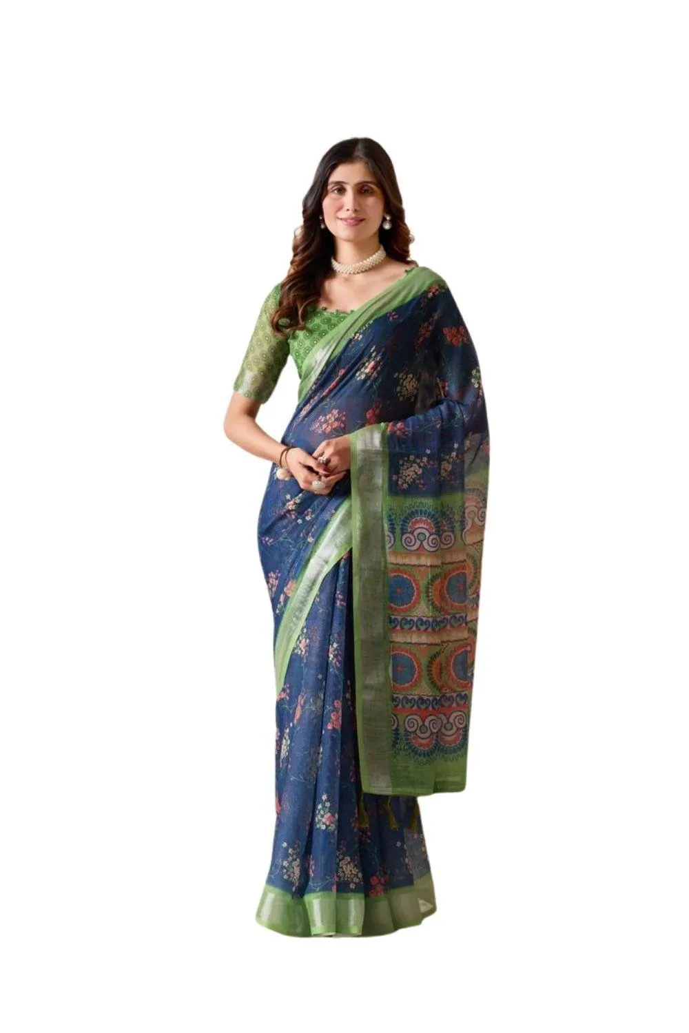 Generic Women's Faux_Linen Printed Saree With Unstitched Blouse 5.5Mtr (Navy_Blue)