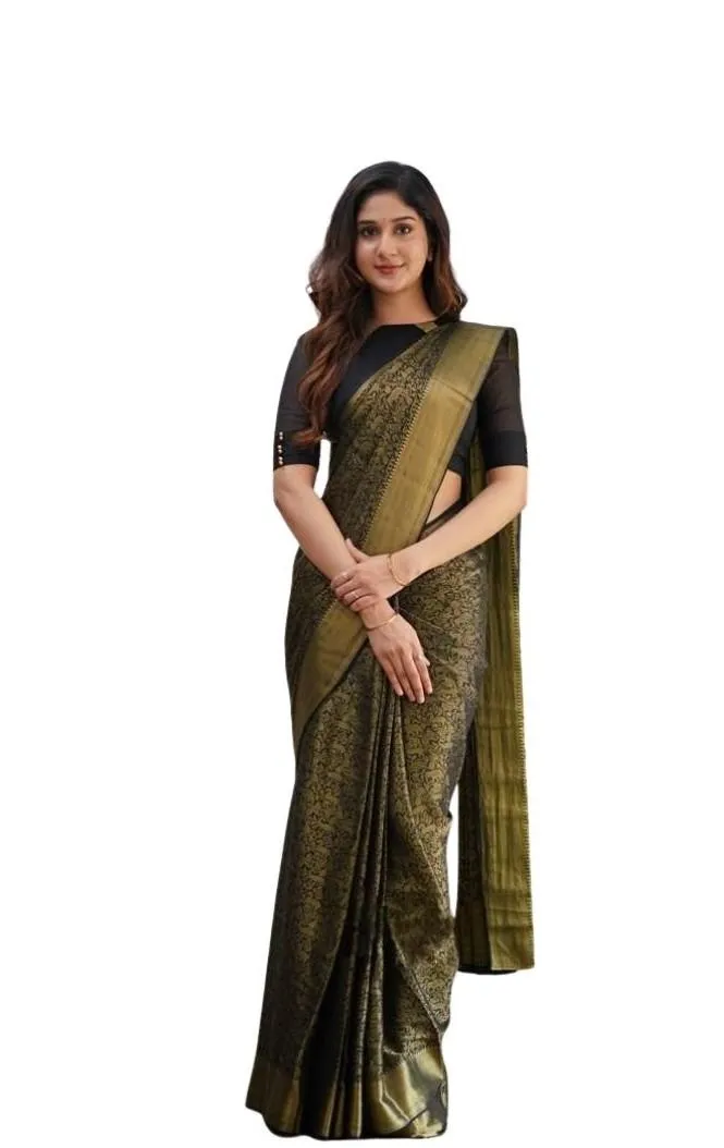 Generic Women's Soft Lichi Silk Printed Saree With Unstitched Blouse 5.5Mtr (Green)
